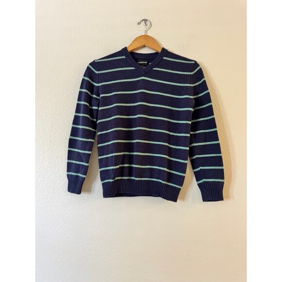 Nordstrom Kids Stripe Cotton Blend V-Neck Sweater Size L 10/12 Navy Mint Green - Picture 2 of 8